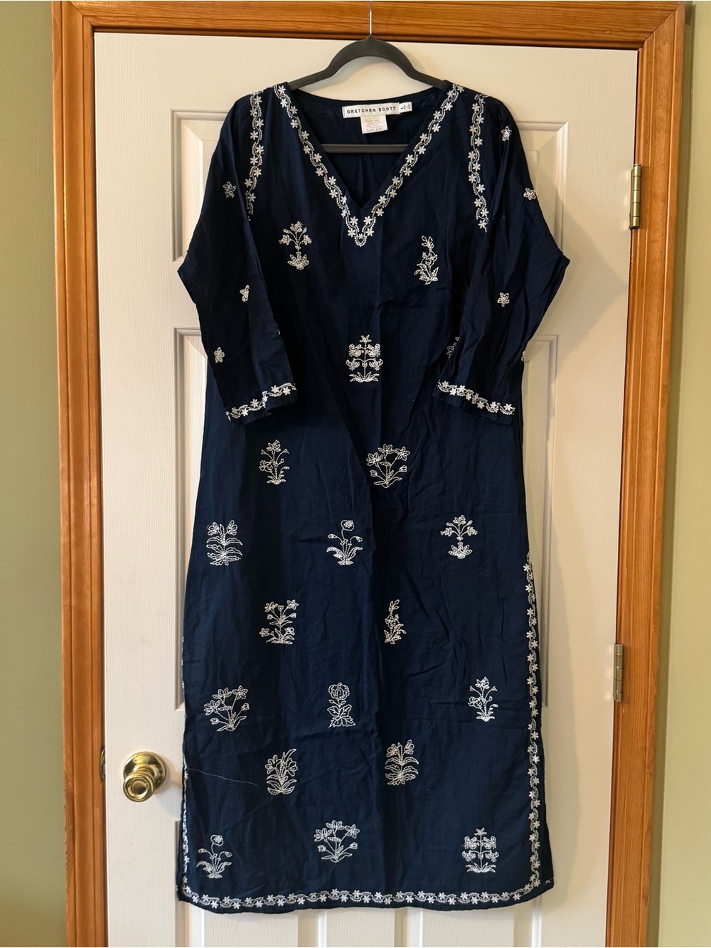 Gretchen Scott Cotton Embroidered Navy & White Maxi Dress